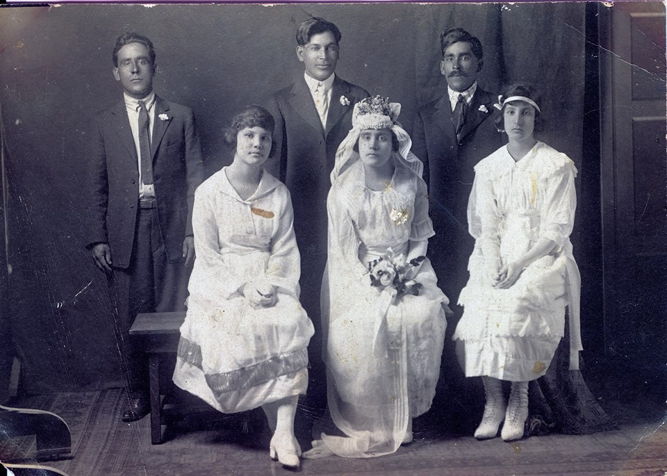 George R Gomez of Anadarko, OK, first man on the left, at his youngest sisters wedding, Augustina Gomez Robles.