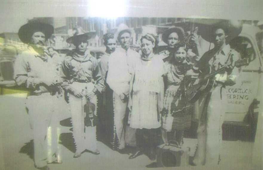 The McVey Farm Band from Anadarko, OK. Both the Gomez and Leal families performed together. Bert Mcvey, in Mexican attire, our Uncle Jack C Gomez, Jesse not related, Our Uncle Joe C Gomez, Della Leal and her brother Alfred Leal. Taken on Broadway Street i